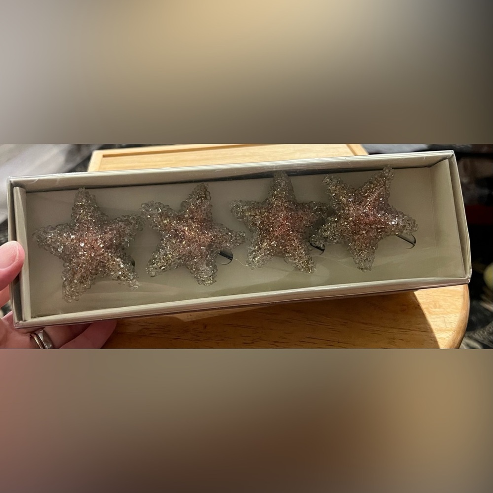 VTG Pier 1 Imports Set of 4 Gold Beaded Star Napkin Rings New In Box - Starfish